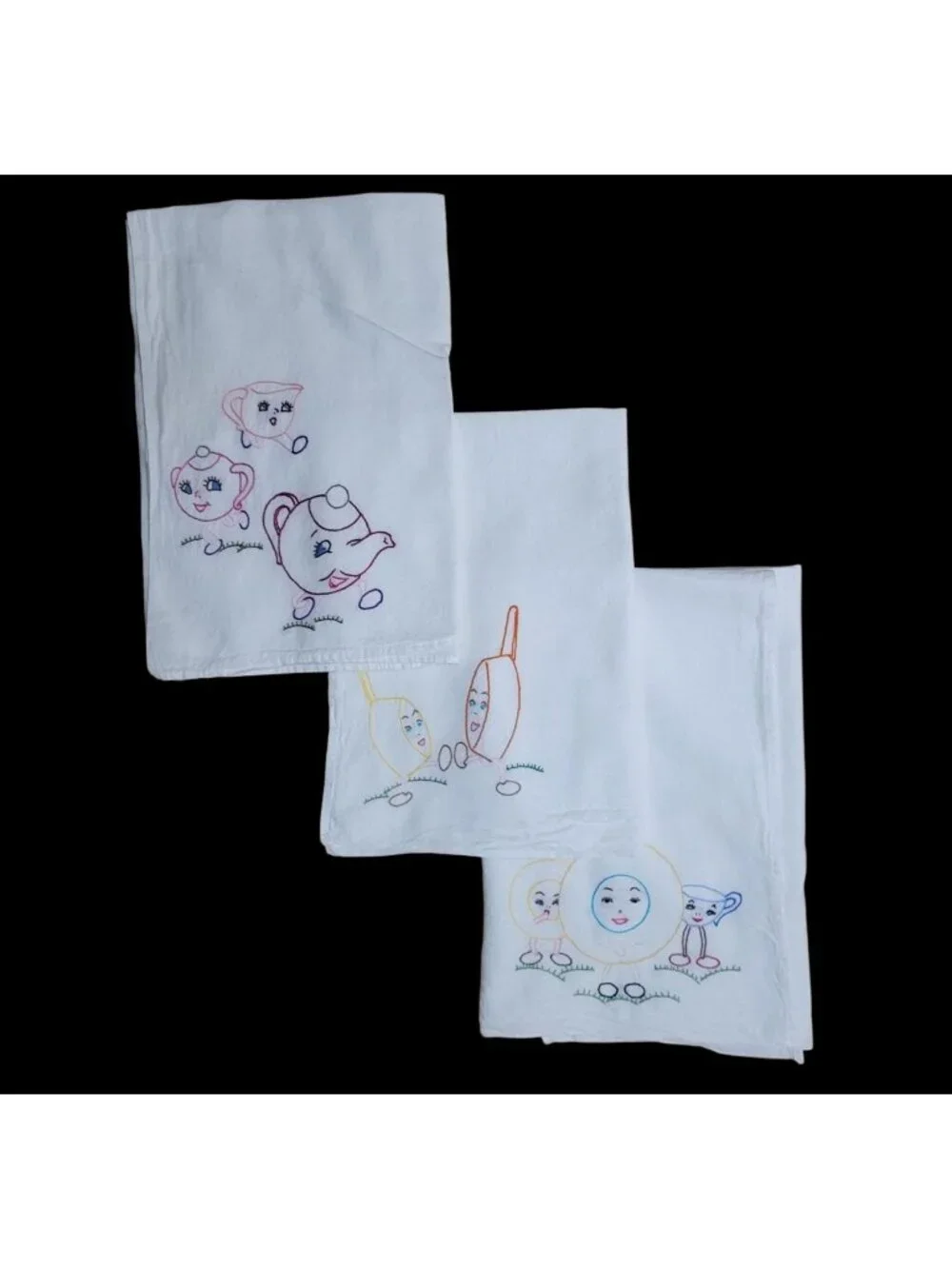 3 Vtg Hand-Embroidered White Cotton Flout Sack Towels Anthropomorphic Kitchen